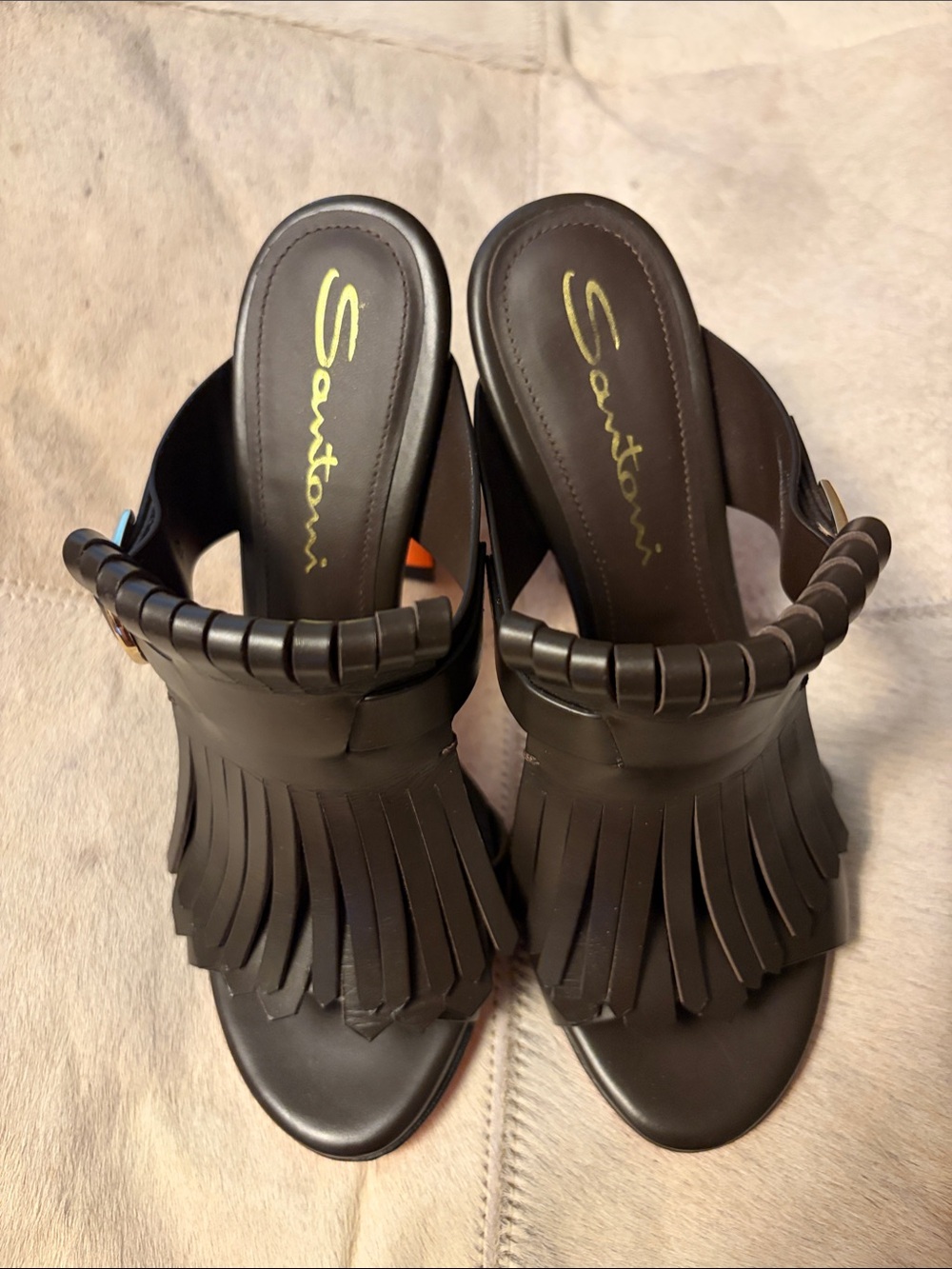 Santoni Brown Leather Fringe Slide Mules